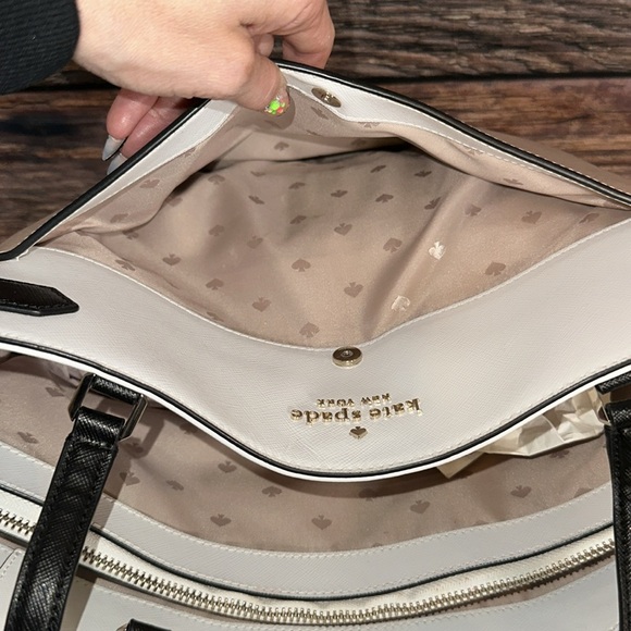 Kate Spade Staci Bag Purse Leather Laptop Tote in Tan, White & Black Color Block - Picture 7 of 11